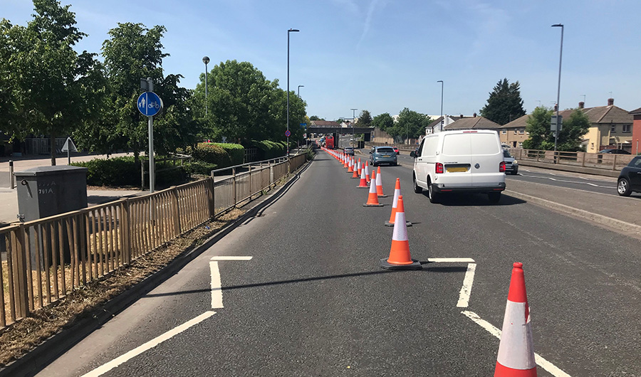 Photo showing road space temporarily cordoned off on the A4174 in Filton.