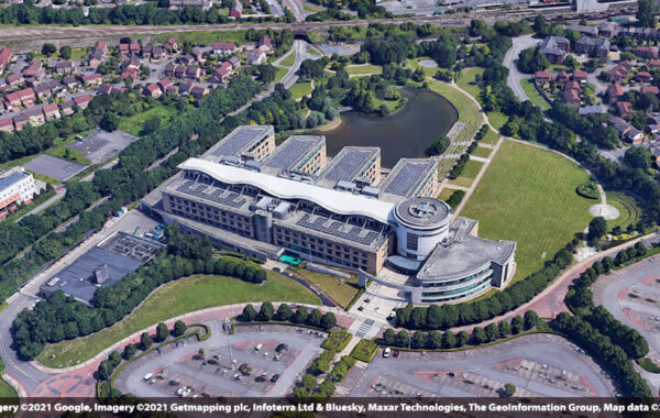 Aerial photo of a large business site.