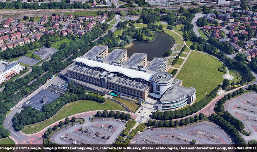 Aerial photo of a large business site.