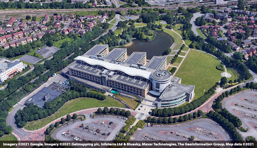 Aerial photo of a large business site.