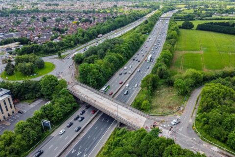 Aerial photo of a motorway bridge.