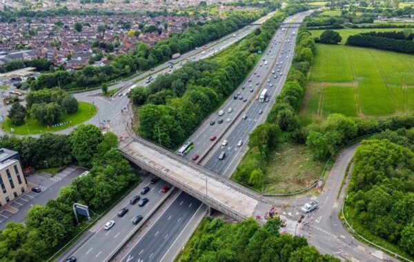 Aerial photo of a motorway bridge.