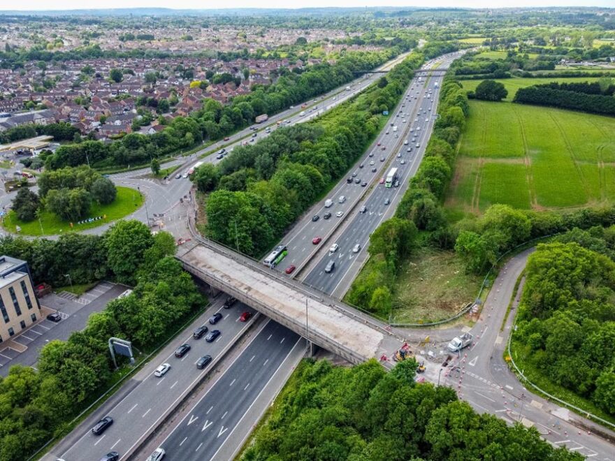 Aerial photo of a motorway bridge.